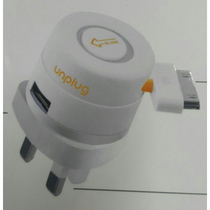 UNPLUG ,TRAVEL CHARGER RETRACTABLE CABLE + USB 1000 MAH